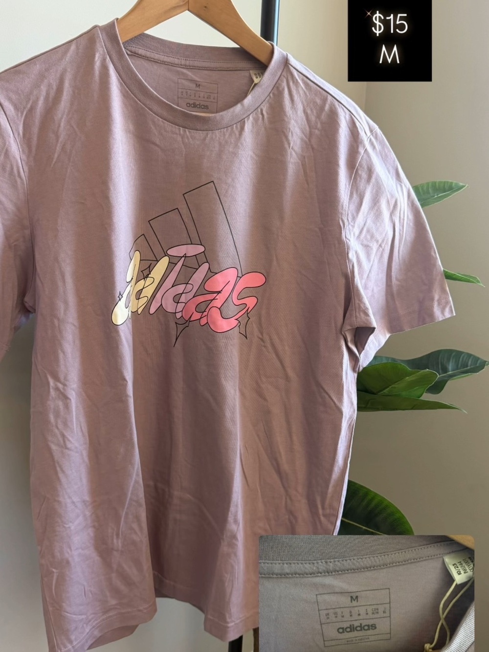 adidas Women’s Lavender Graphic Tee with Pink & Yellow Logo